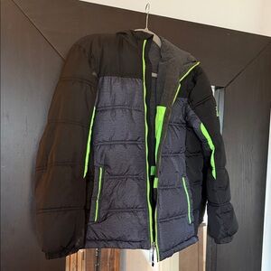 ZeroXposur Kids Black & Gray Puffer Jacket with Neon Green Accents. Hooded.
